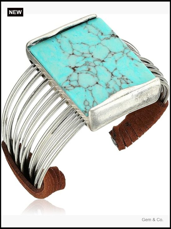 Jewelry - Turquoise Stone Cuff Bracelet Silver-Tone Metal Suede Slip-On